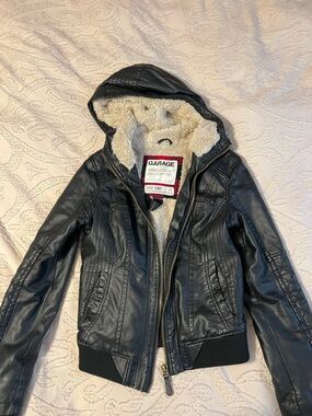 Vintage Garage Black Faux Leather Hooded Jacket with Sherpa Lining